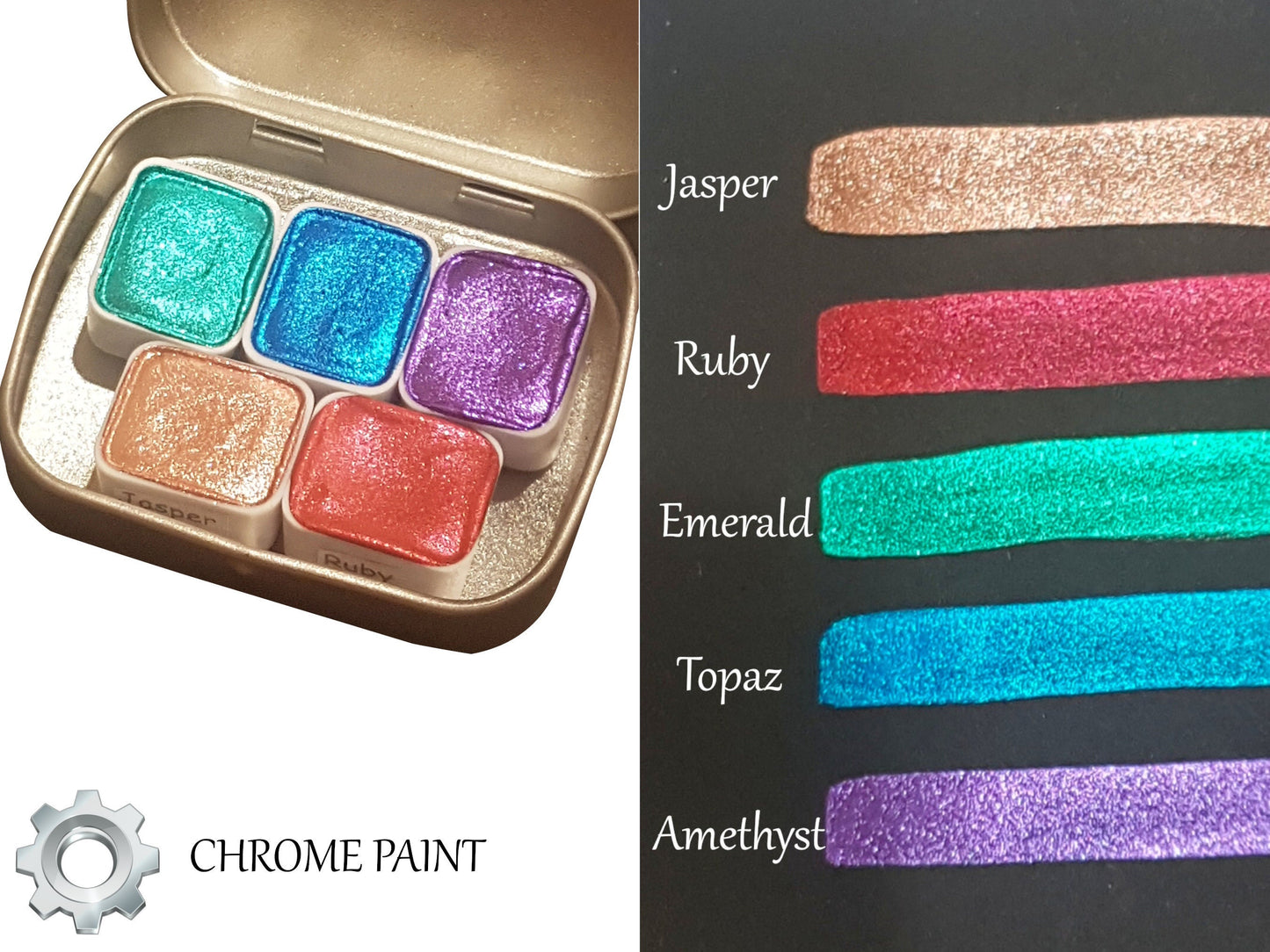 Gemstone Series Vol 2 * Half Pan* Chrome Watercolour Paint - Artist Palette Set - Handmade Metallic Paint