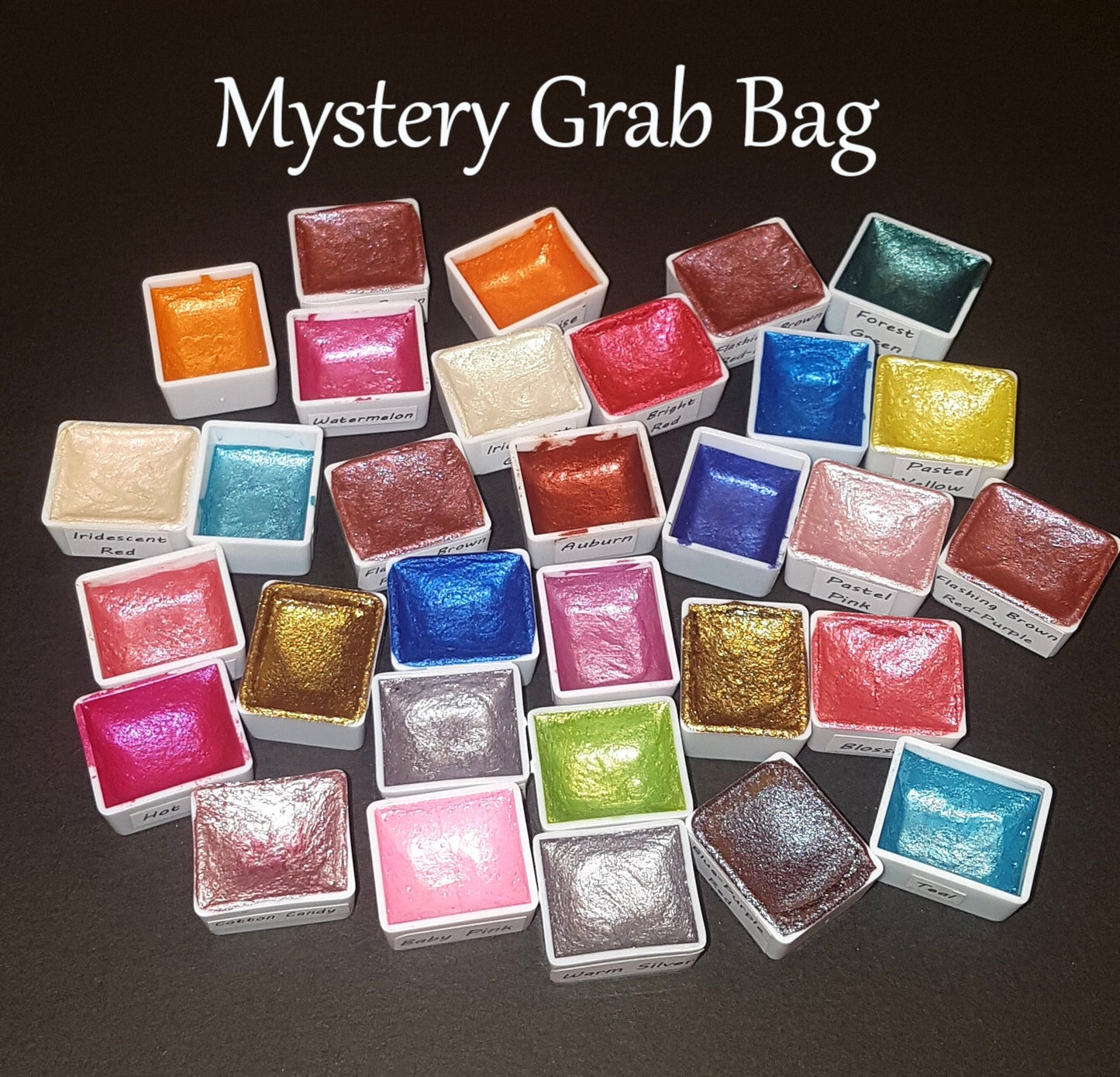 Ooops Paint - Mystery Grab Bag - Set of 5 Handmade Watercolour Paints, Half Pan, Metallic Glitter Shiny Shimmer, Calligraphy Lettering