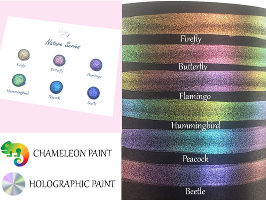 Nature Series Handmade Holo Chameleon Watercoulor Paint Dot Card - Set of 6 Colours - Sample Tester - Metallic Glitter Shimmer