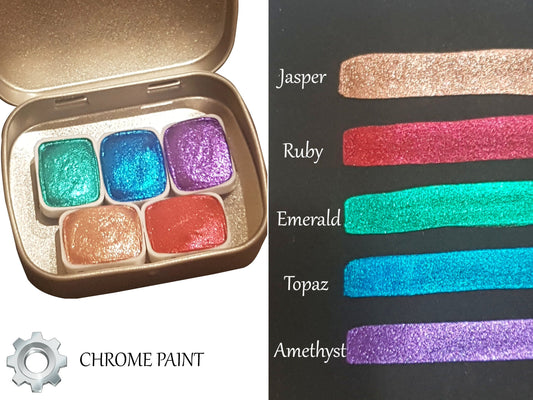 Gemstone Series Vol 2 * Quarter Pan* Chrome Watercolour Paint - Artist Palette Set - Handmade Metallic Paint