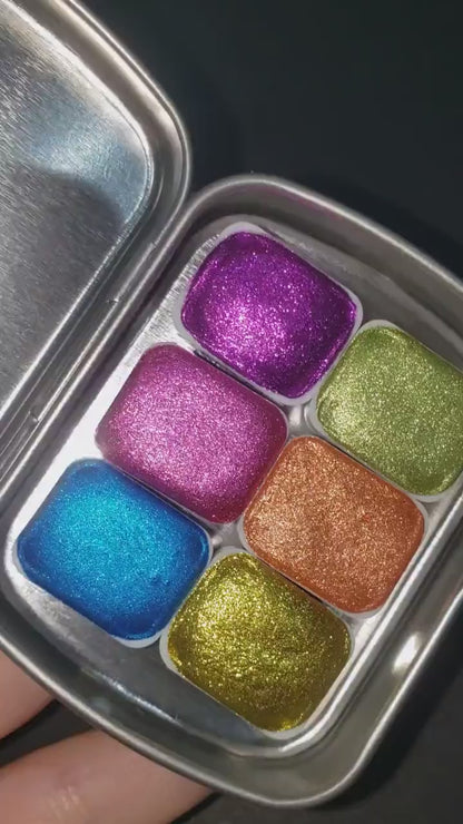 Cocktail Series * Quarter Pan* Neon Chrome Watercolour Paint - Artist Palette Set - Handmade Metallic Paint